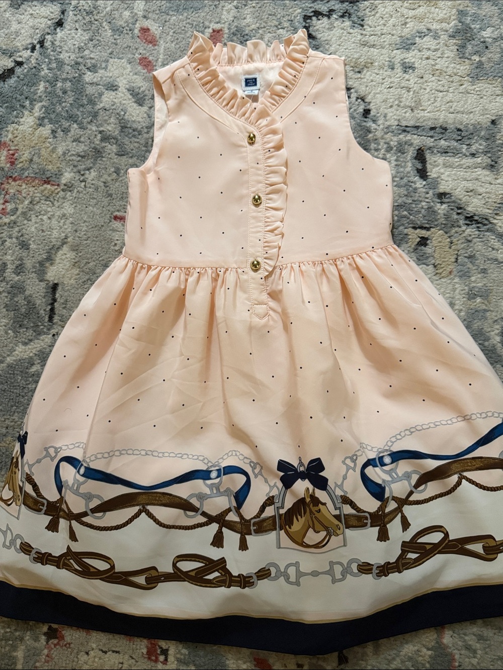 Janie and Jack Peach Dress with Navy & Brown Border Print